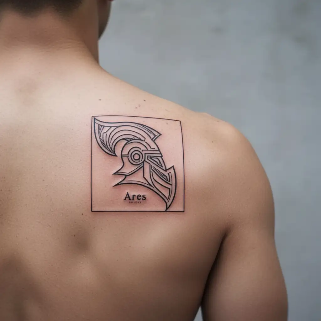 greek god ARES symbol with helmet and the word "ARES" spelled out below tattoo design idea