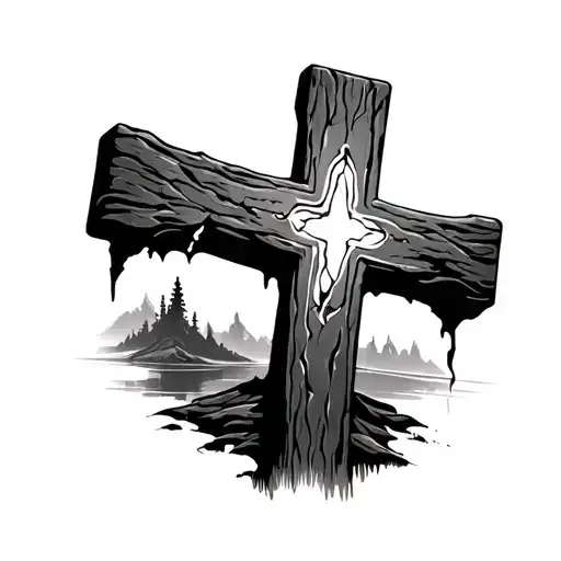 cross with rip granny in it and a scenic background tattoo design idea