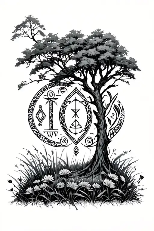 Tiwaz, Uruz and Nauthiz viking runes with nature elements like trees, grass and flowers tattoo design idea