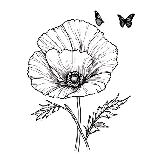 red poppy flower inside stamp outline with CA and butterfly on it tattoo design idea
