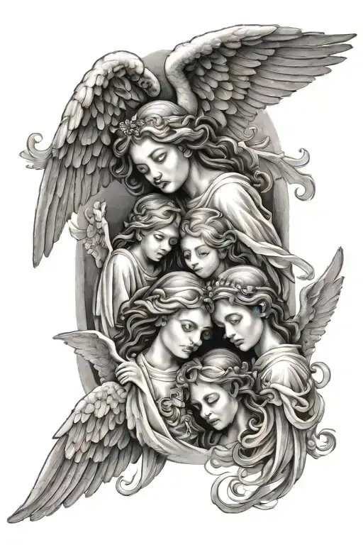 4 angels looking down on a family tattoo design idea