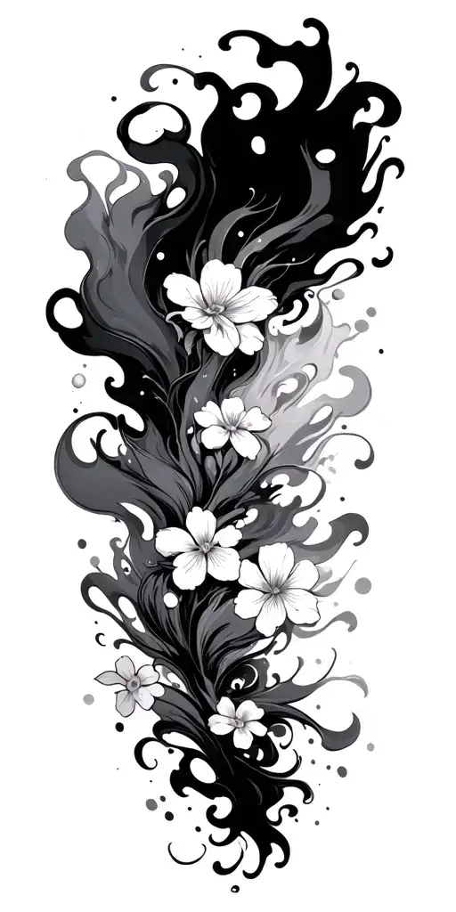 Japanese manga with fluid fire, wind -type smoke and cherry flower background tattoo design idea