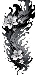 Japanese manga with fluid fire, wind -type smoke and cherry flower background tattoo design idea