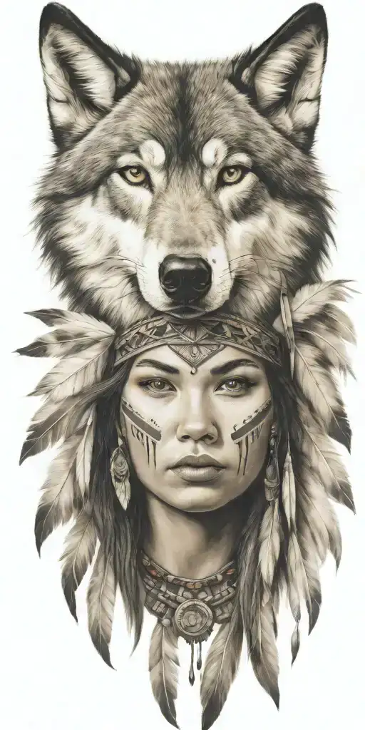 young adorable native american woman wolf tattoo design idea