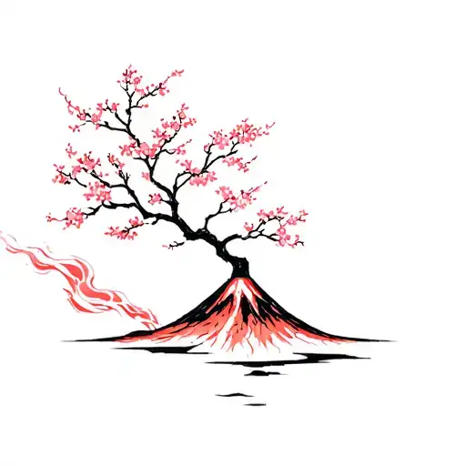 vulcano with streaming lava. on the underside is a cherry blossom tree  tattoo design idea