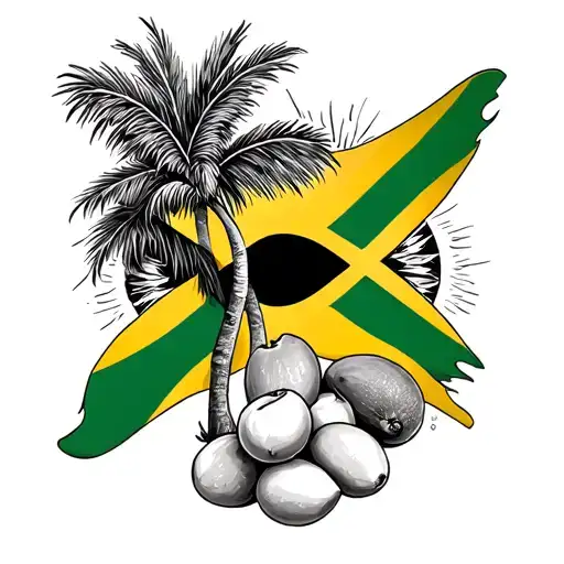 Tattoo with Jamaican flag and sunshine and palm trees and Ackee fruit tattoo design idea