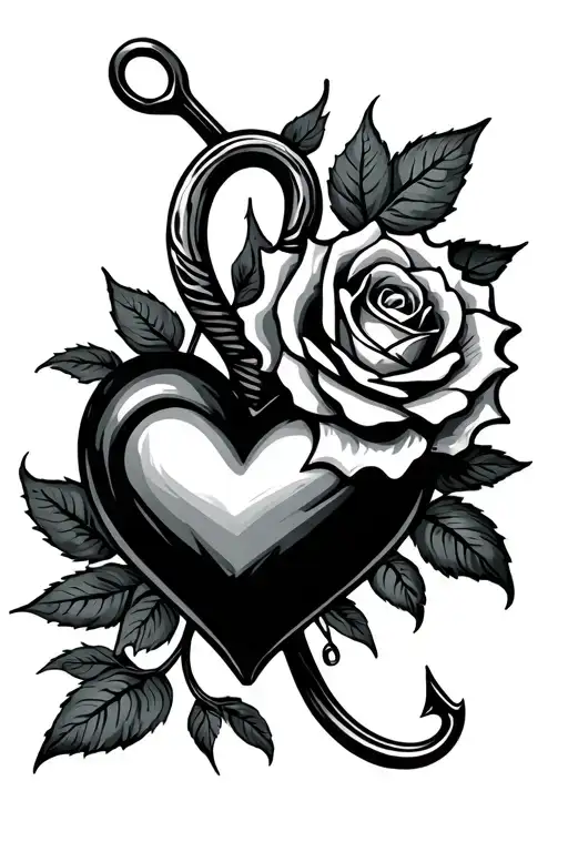 fishing hook heart with rose tattoo design idea