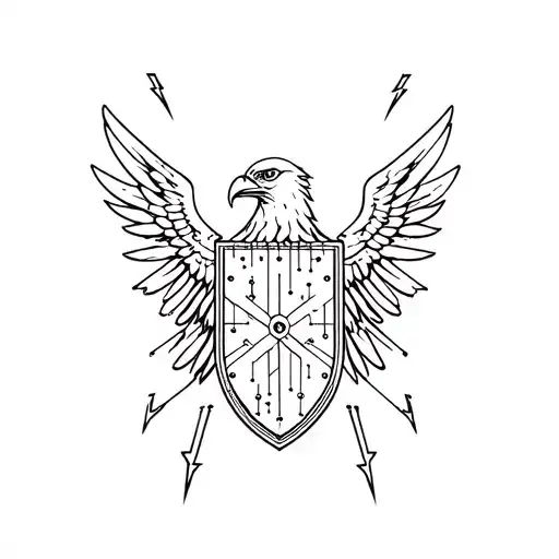roman shield (scutum) design with eagle wings and lightning bolts that are also electronic circuit board lines tattoo design idea