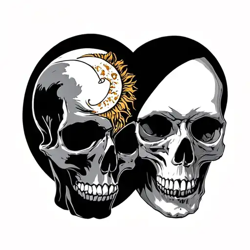 two skulls facing each other one has a sun one has a moon tattoo design idea