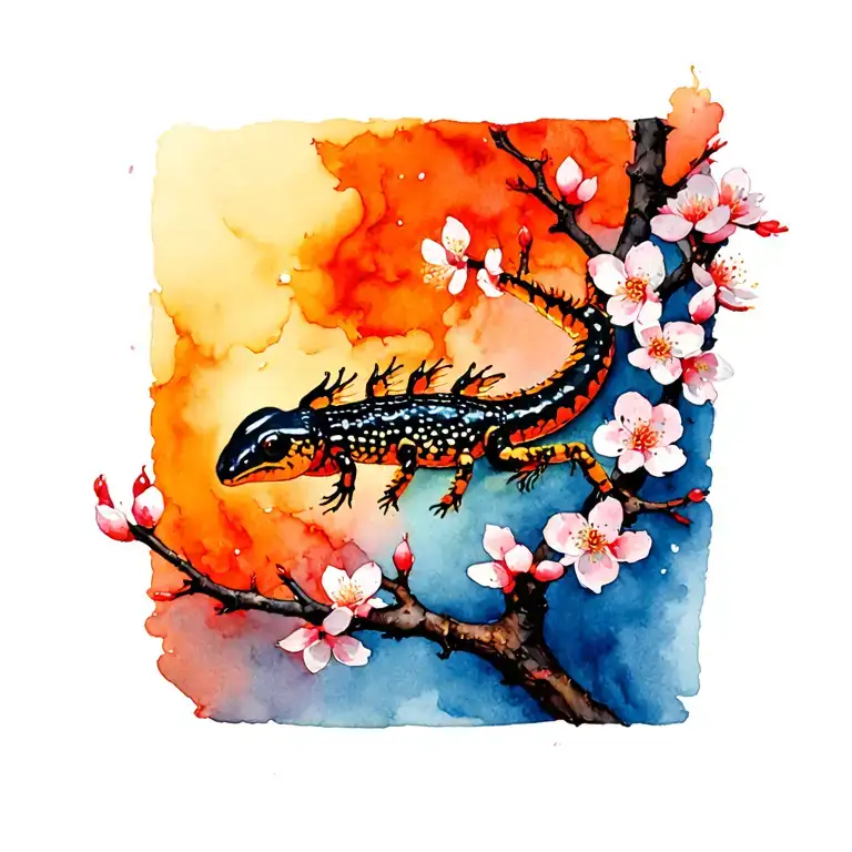 Fire salamandra on the sakura branch tattoo design idea