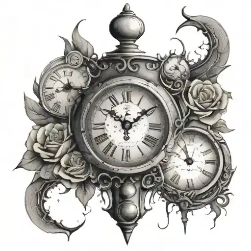 clock with cracks and hourglass surrounded tattoo design idea