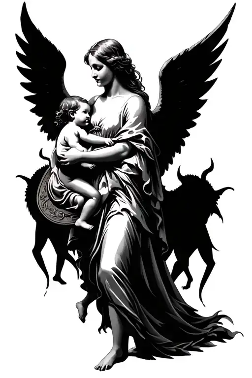 female angel, holding a baby, using her wings as a shield to protect the baby against the devils demons tattoo design idea