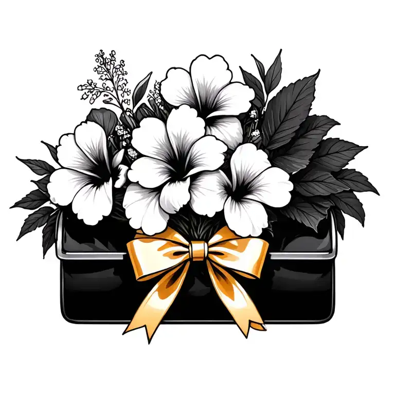 bouquet of hibiscus flowers with black purse and gold bow tattoo design idea