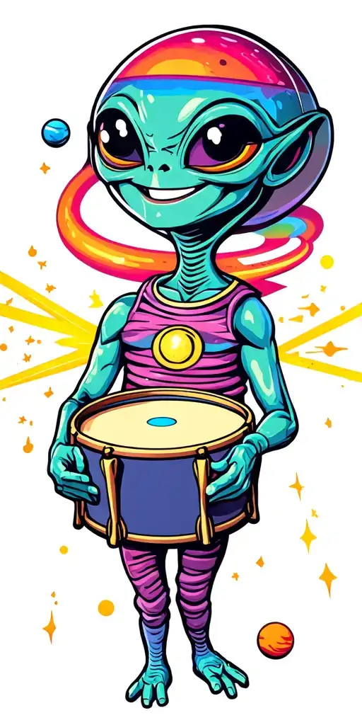 cartoon alien smiling and playing drum, lasers, planets, ufo, colorful tattoo design idea