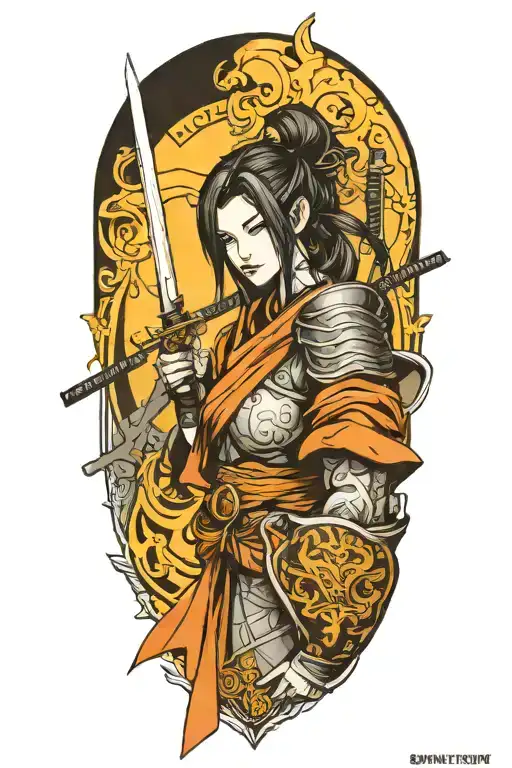 Half-body samurai girl in dark souls style tattoo design idea