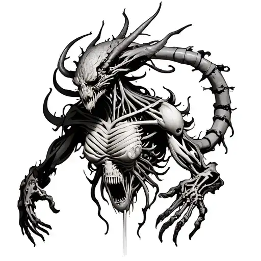 Highly detailed dark horror linework tattoo design, surreal biomechanical demon fused with human anatomy tattoo design idea