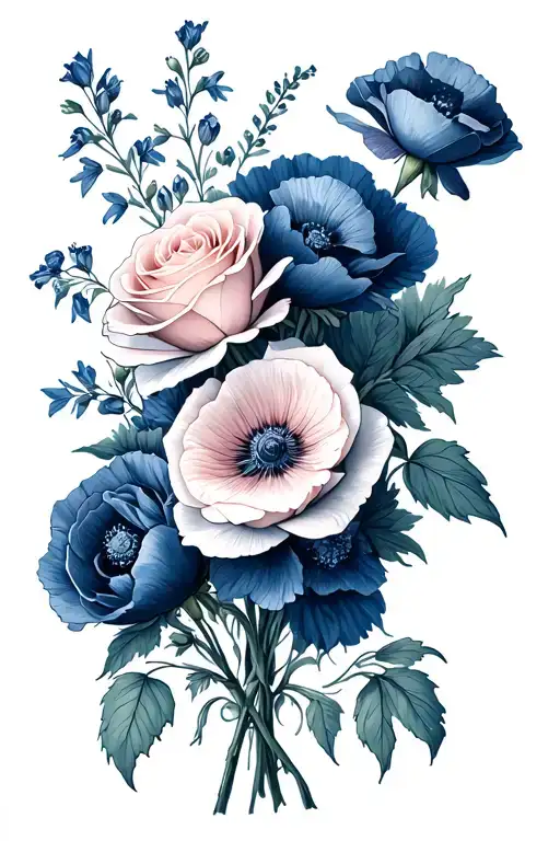 fine line bouquet of roses, larkspur and poppies with few greenery tattoo design idea