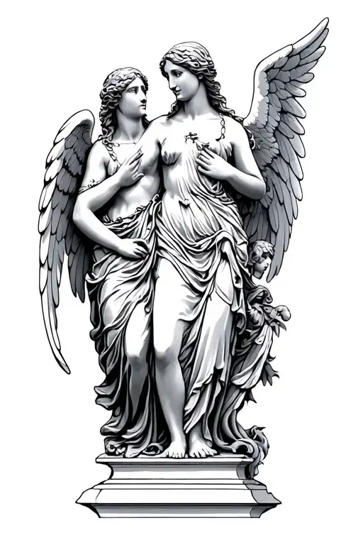 angels and statues tattoo design idea