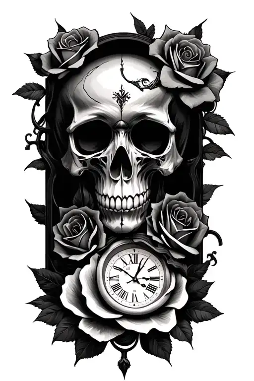 Skull Clock and Roses tangled tattoo design idea