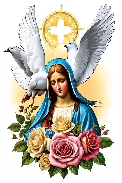 Virgin mary 2 doves and roses blooming tattoo design idea