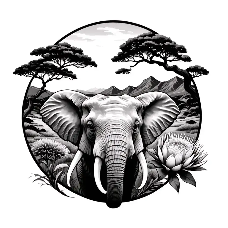 Elephant head, acacia tree, protea flowe, spingbok, table mountain, South Afica landscape tattoo design idea