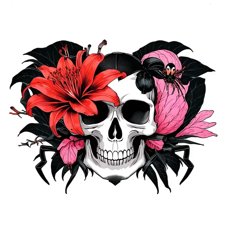 black and pink skull and red spider lily opposite on chest tattoo design idea
