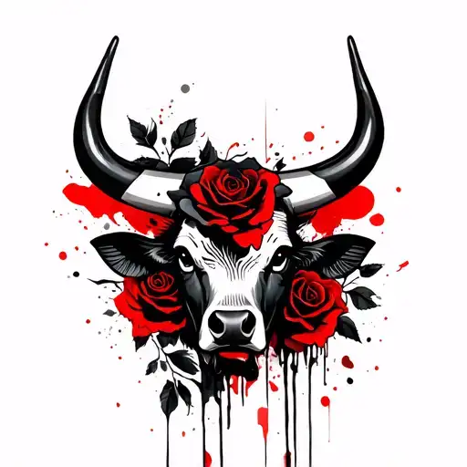 Bull's head, black roses and leaves in the background tattoo design idea