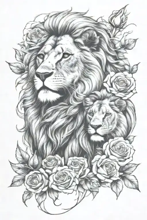 father son lion  with roses   tattoo design idea