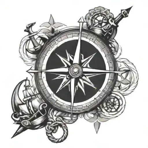 Compass, Rope and anchor & Ship's steering wheel tattoo design idea