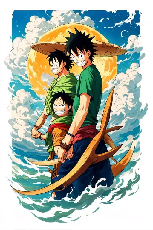 boa hancock and luffy and Zoro with the swirly one piece clouds as back ground tattoo design idea