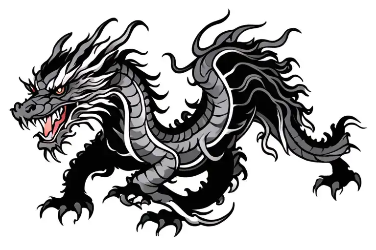 single head traditional Japanese dragon without wings black and grey full length design tattoo design idea