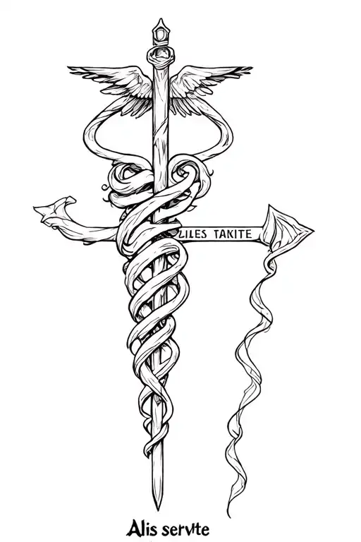 Staff of Aesculapius rod with the words Aliis servite tattoo design idea