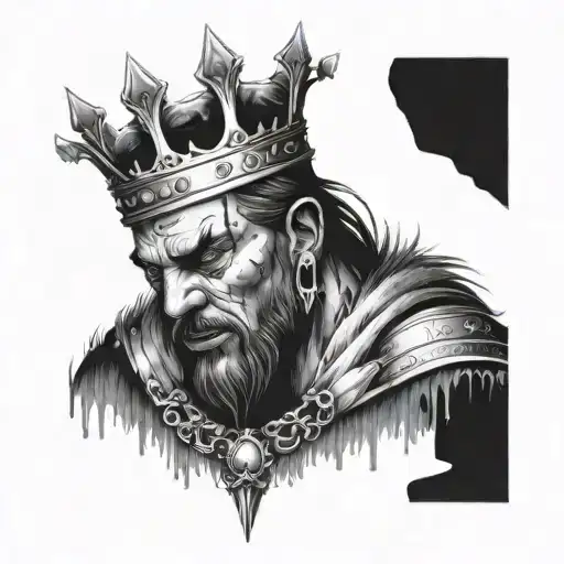 king with a crown on its head crying tears of blood with his eyes looking to the side and a concerned expression tattoo design idea