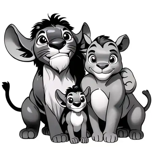 Stitch, Simba from Lion King, Tigrou from Winnie the Pooh and Bruni from Frozen II 4 characters together as a family tattoo design idea