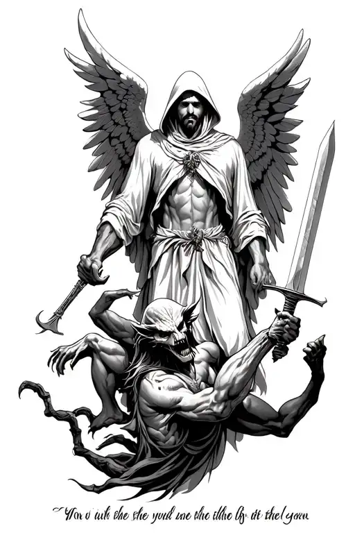 hooded archangel defeating demon with sword with short bible verse written beneath tattoo design idea