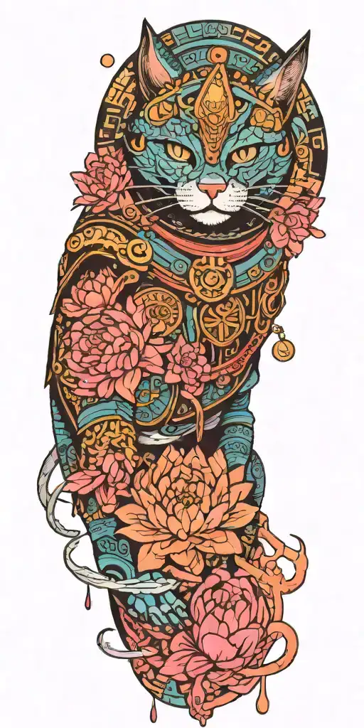 samurai cat, katana, helmet, water, lotus, sakura, peony, clouds, whirlpool, leaves, branches tattoo design idea