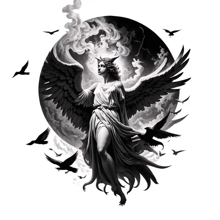 An angel among birds and a smoking demon on earth tattoo design idea