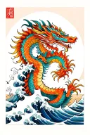 Japanese style dragon and water waves crashing in the background tattoo design idea