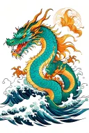 Japanese style dragon and water waves crashing in the background tattoo design idea