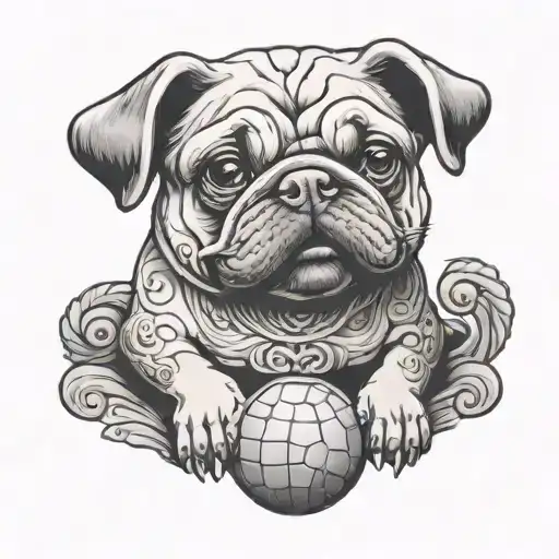 pug  inspired foo dog sitting with a ball tattoo design idea