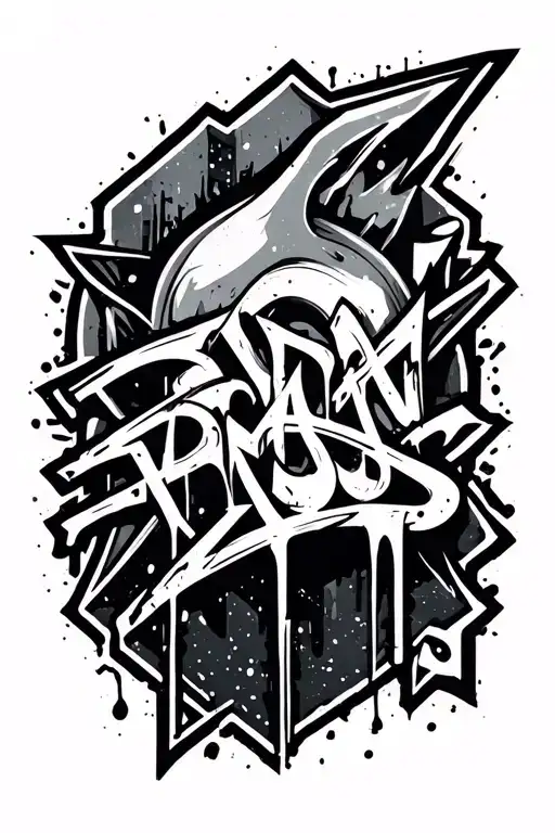 Patch-style graffiti tattoo, black, for the forearm, angular and urban, street art aesthetics tattoo design idea