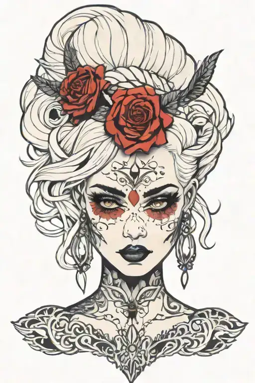 sexy goth girl beautiful dark eyes white hair tattoo design idea