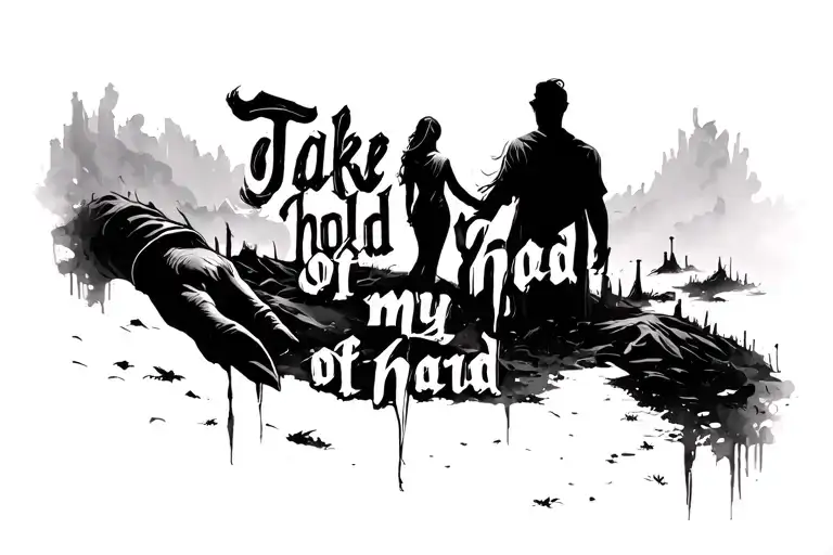 "Take hold of my hand" "Take hold of my hand" couple silhouette holding hands in post apocalyptic landscape tattoo design idea