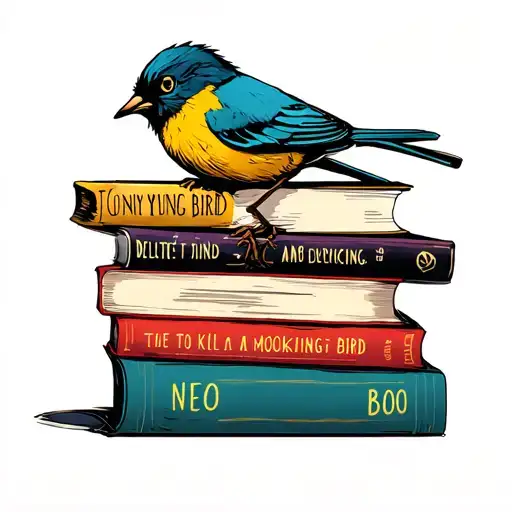 Only four books stacked, To Kill a Mocking bird, Hey Boo, delete the adjectives , no birds tattoo design idea