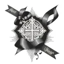 cross that has ribbon saying never forget loyalty with the CEO's looks like it's attached to the ground  tattoo design idea