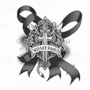 cross that has ribbon saying never forget loyalty with the CEO's looks like it's attached to the ground  tattoo design idea