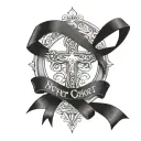 cross that has ribbon saying never forget loyalty with the CEO's looks like it's attached to the ground  tattoo design idea