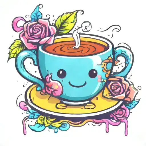 cute cup of tea character tattoo design idea