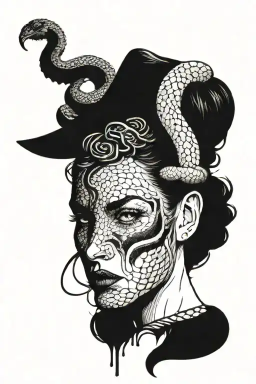 half decaying women face and snake slithering tattoo design idea