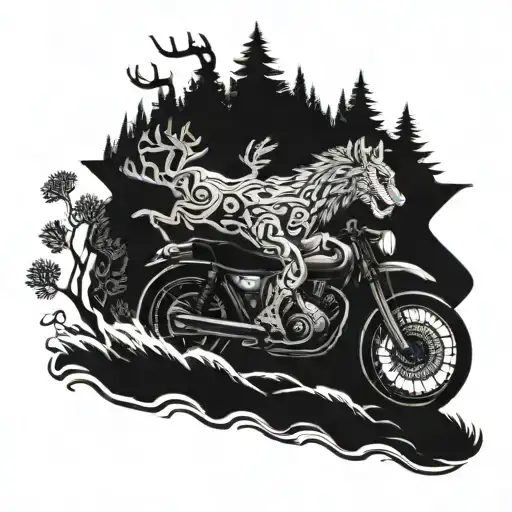 A motorcycle racing through a forest with a deer and lion running alongside tattoo design idea